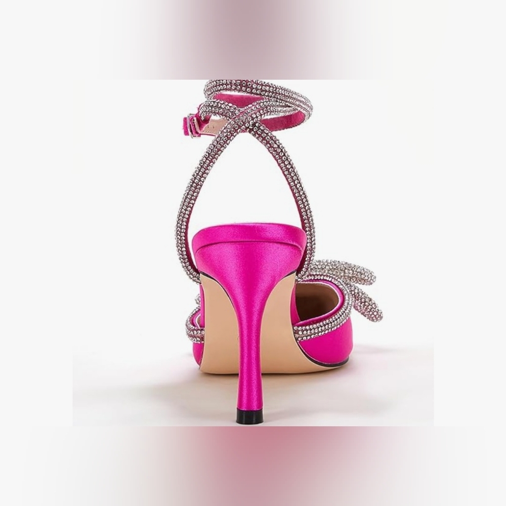 Hot Pink Double Bow Pointed Toe Ankle Strap Crystal Pumps- Size 8.5 NWOT - Picture 4 of 6